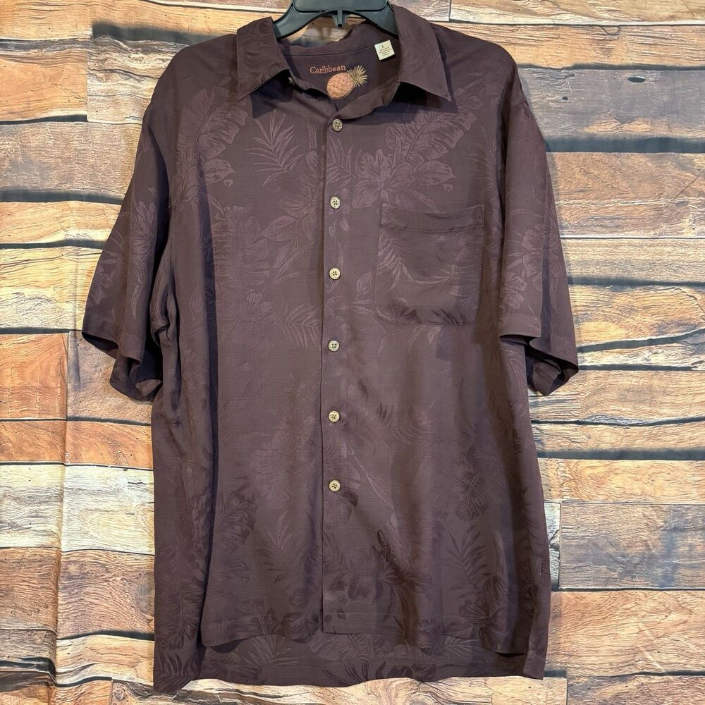 Caribbean Men's Large Silk Lyocell Camp Shirt Purple Floral Jacquard Button